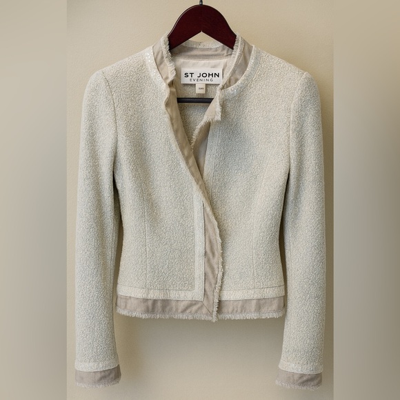 St. John Evening Sequin Tweed Cropped Jacket – Raw Edge Trim – Size 2